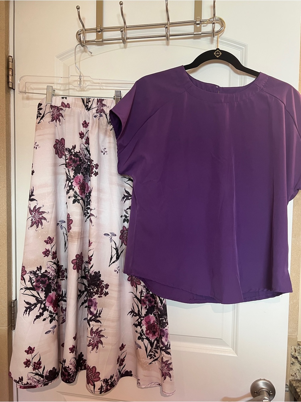 Purple Blouse and Floral Skirt Set - Women's Two-Piece Outfit